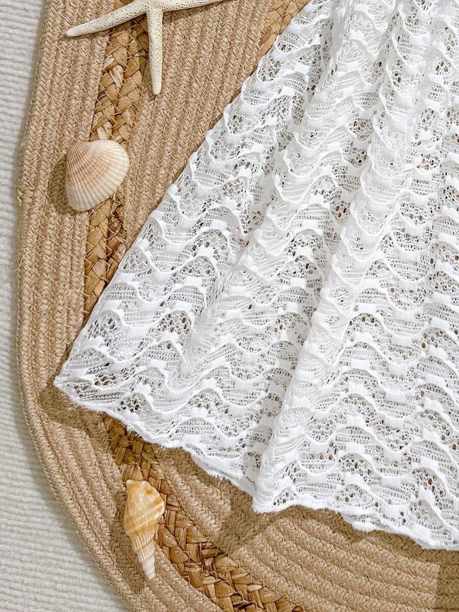 Tween girls apricot sleeveless knit mesh swimwear cover up with V-neck and hollow-out pattern