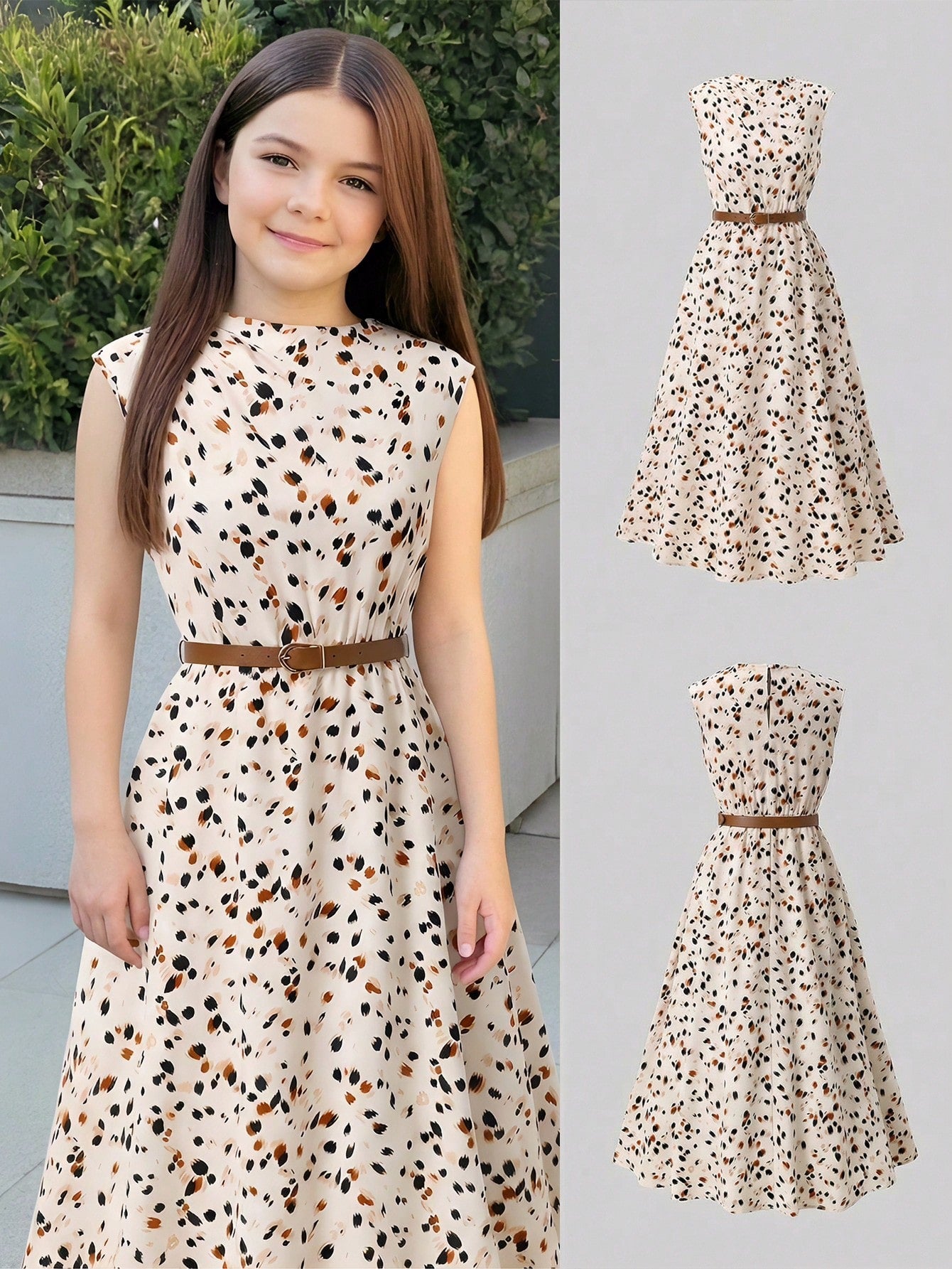 Tween girl wearing an apricot plant print sleeveless A-line long dress with a round neckline and flared skirt.