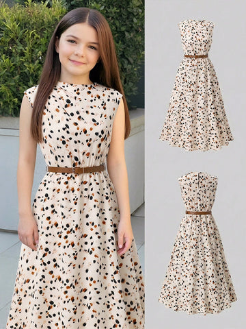 Tween girl wearing an apricot plant print sleeveless A-line long dress with a round neckline and flared skirt.