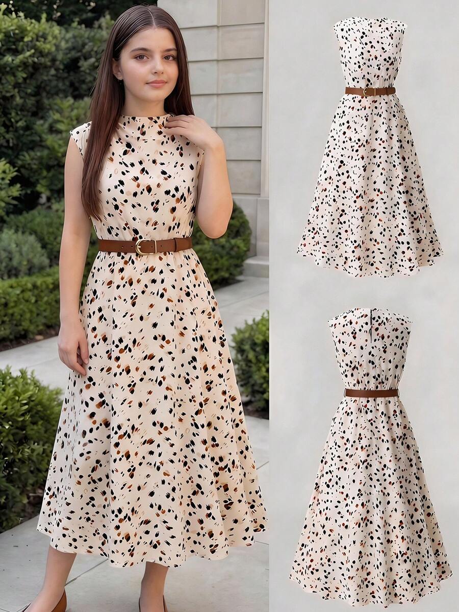 Tween girl wearing an apricot plant print sleeveless A-line long dress with a round neckline and flared skirt.