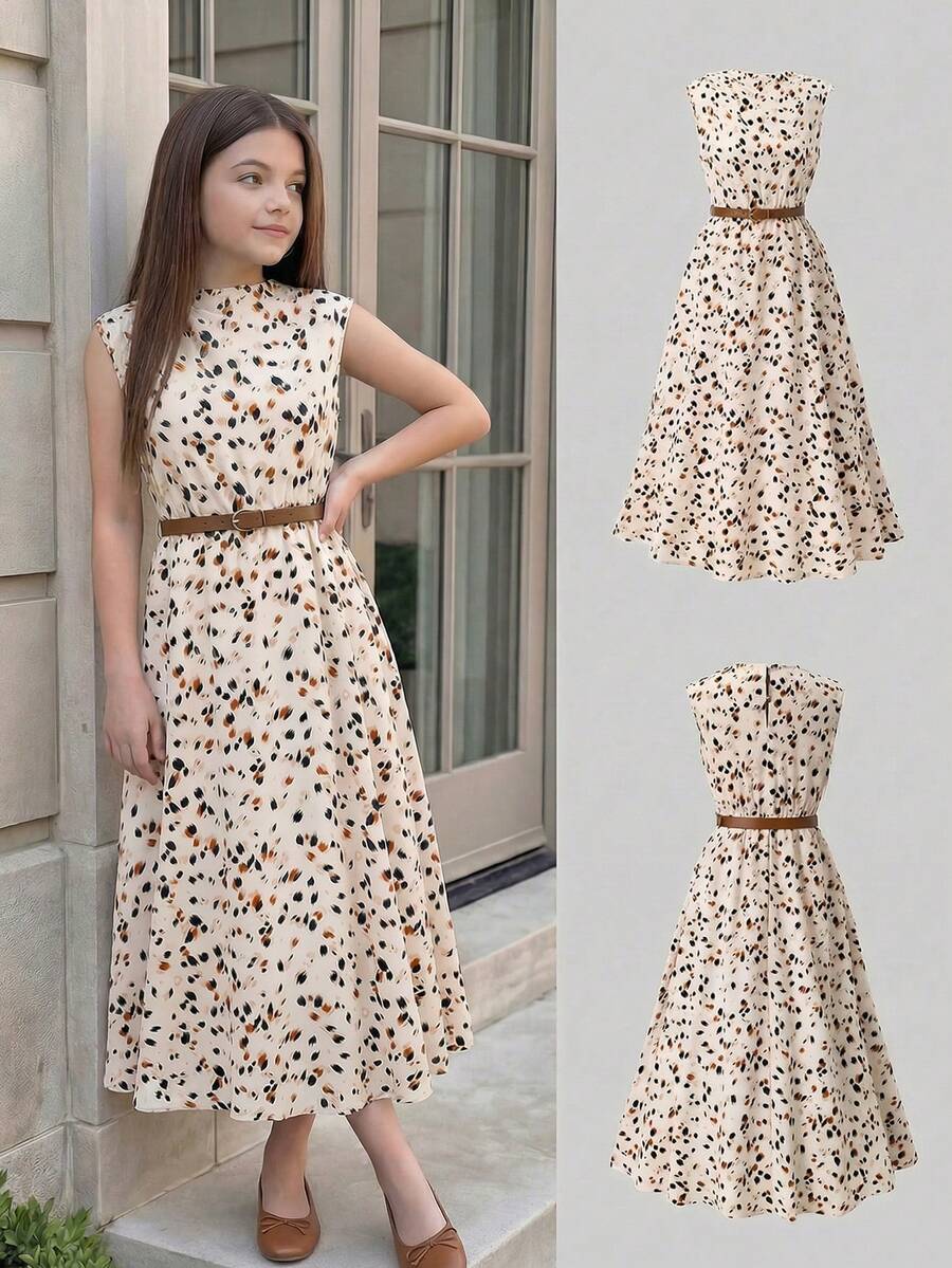 Tween girl wearing an apricot plant print sleeveless A-line long dress with a round neckline and flared skirt.