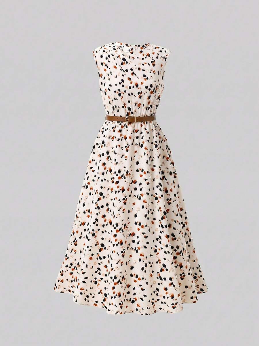 Tween girl wearing an apricot plant print sleeveless A-line long dress with a round neckline and flared skirt.