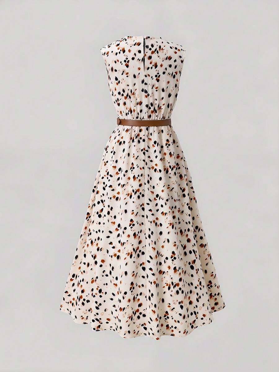 Tween girl wearing an apricot plant print sleeveless A-line long dress with a round neckline and flared skirt.