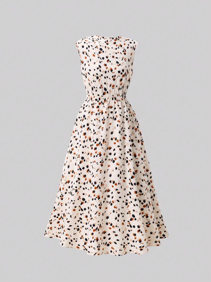 Tween girl wearing an apricot plant print sleeveless A-line long dress with a round neckline and flared skirt.