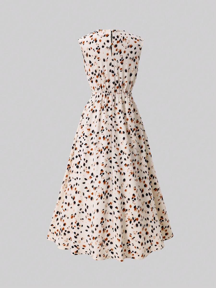 Tween girl wearing an apricot plant print sleeveless A-line long dress with a round neckline and flared skirt.