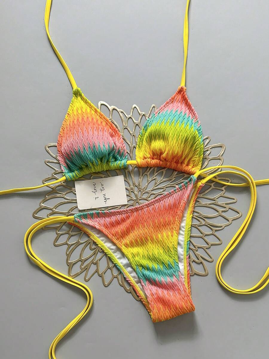 Women's sequin textured halter triangle bikini top and high-waist side tie bikini bottom swimsuit set