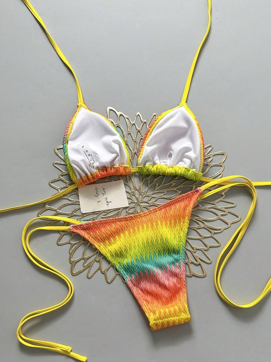 Women's sequin textured halter triangle bikini top and high-waist side tie bikini bottom swimsuit set