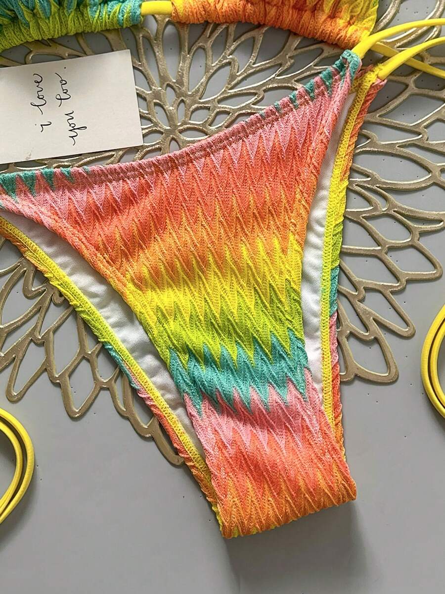 Women's sequin textured halter triangle bikini top and high-waist side tie bikini bottom swimsuit set