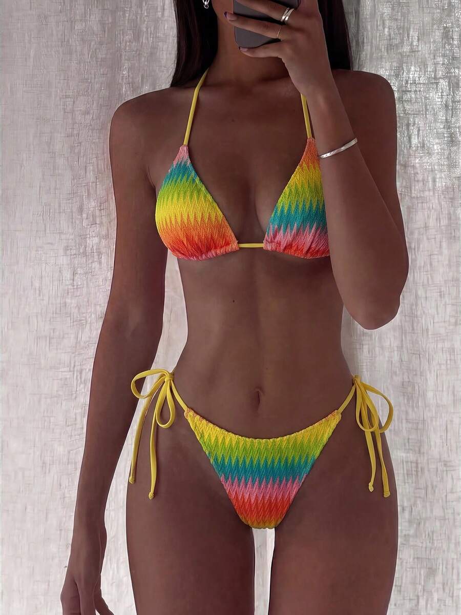 Women's sequin textured halter triangle bikini top and high-waist side tie bikini bottom swimsuit set