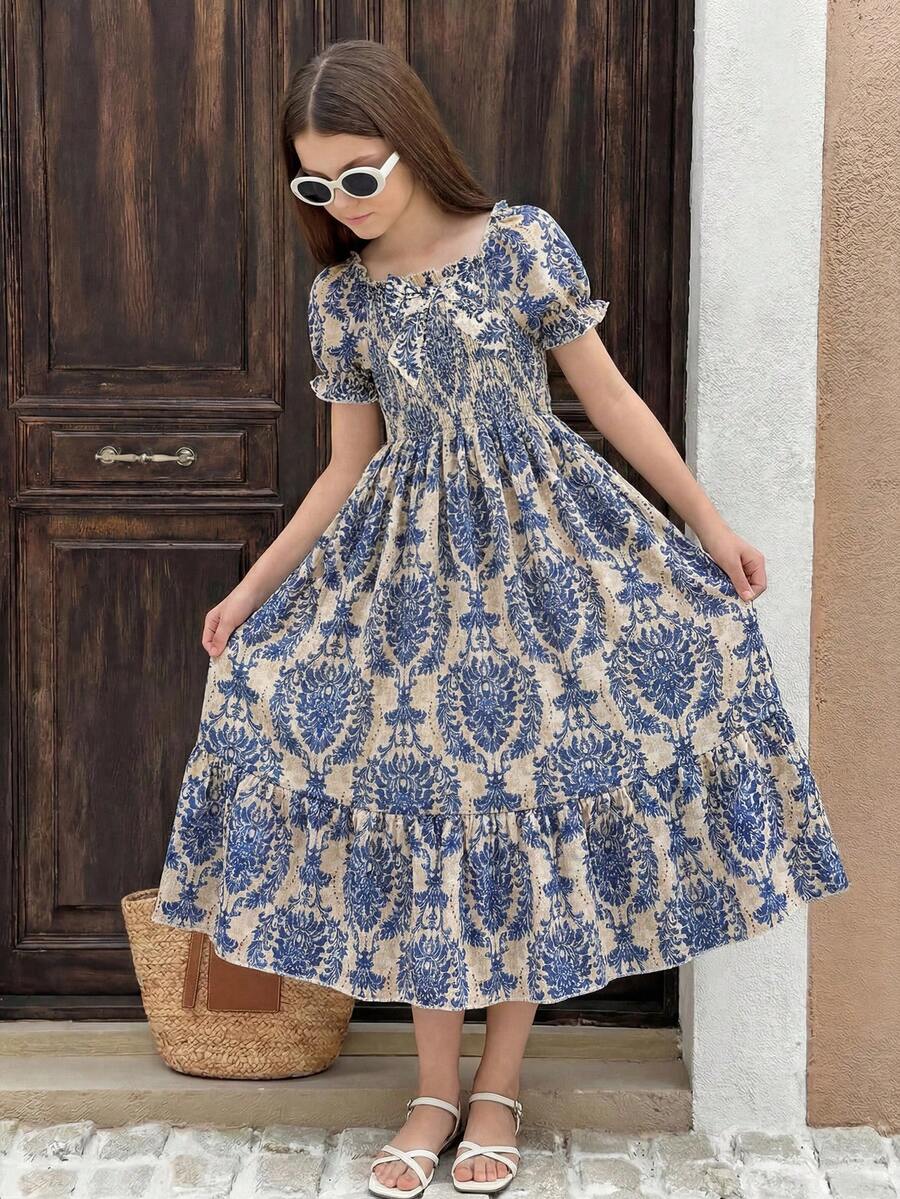 Tween girls black and white geometric short sleeve midi dress with square neck and bow front decor