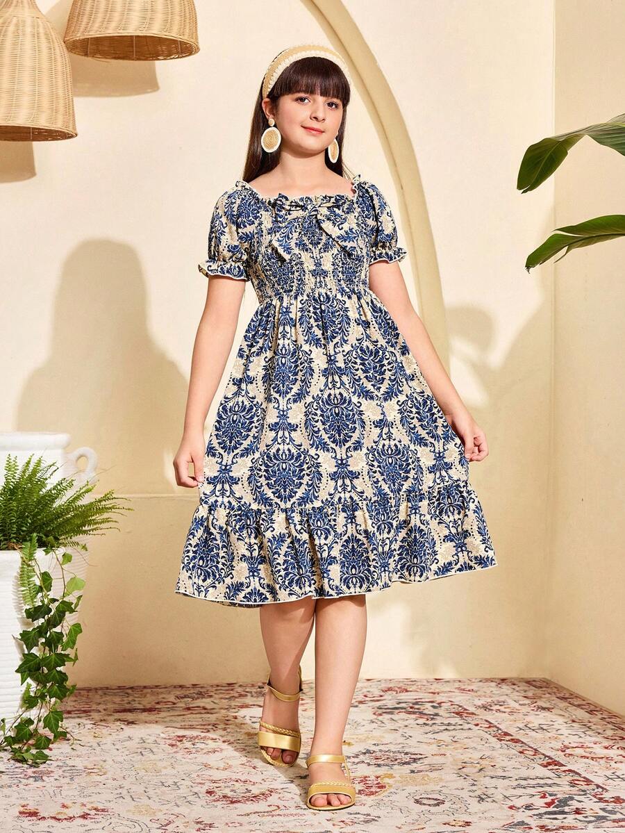 Tween girls black and white geometric short sleeve midi dress with square neck and bow front decor