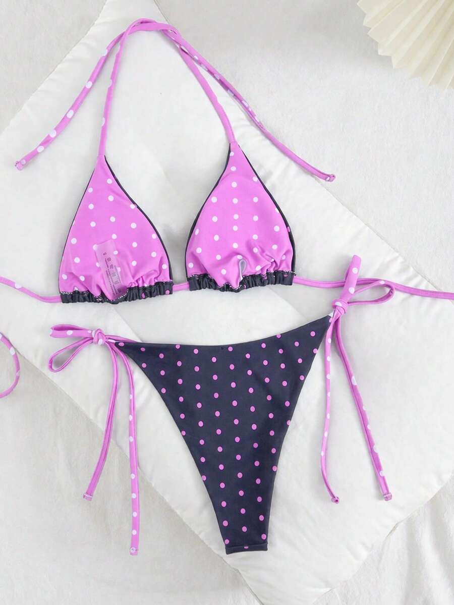 Women's high waist 2-piece triangle bikini set featuring colorblock trim, halter neckline, wireless bra with removable padding, and tie-side bottoms.