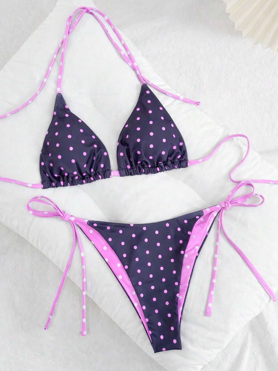 Women's high waist 2-piece triangle bikini set featuring colorblock trim, halter neckline, wireless bra with removable padding, and tie-side bottoms.