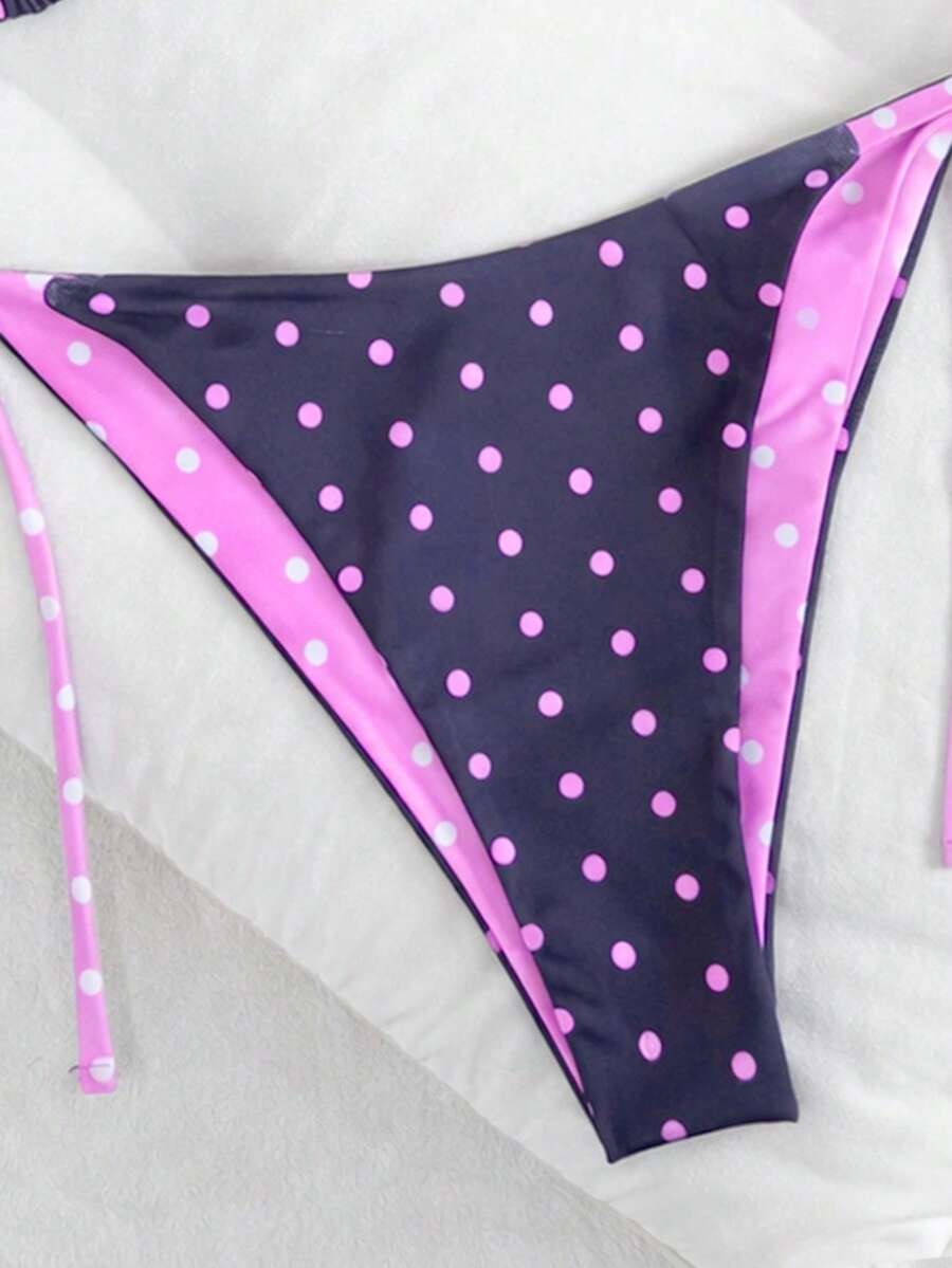 Women's high waist 2-piece triangle bikini set featuring colorblock trim, halter neckline, wireless bra with removable padding, and tie-side bottoms.