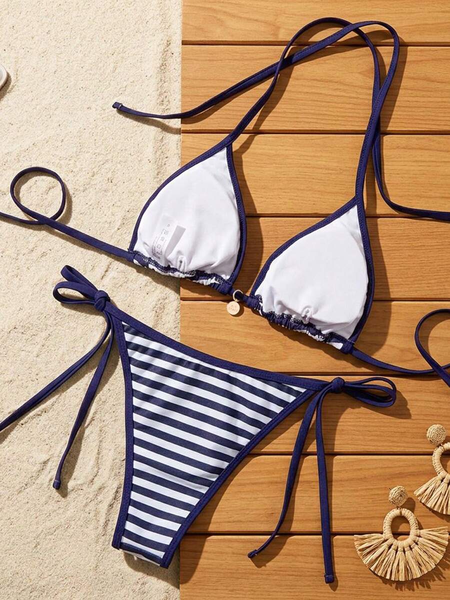 Women's high waist 2-piece triangle bikini set featuring colorblock trim, halter neckline, wireless bra with removable padding, and tie-side bottoms.