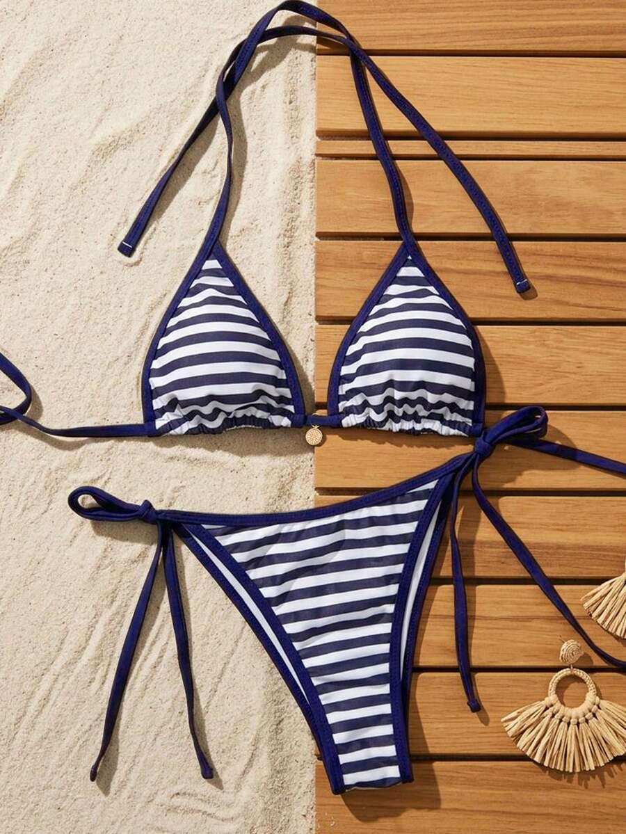 Women's high waist 2-piece triangle bikini set featuring colorblock trim, halter neckline, wireless bra with removable padding, and tie-side bottoms.