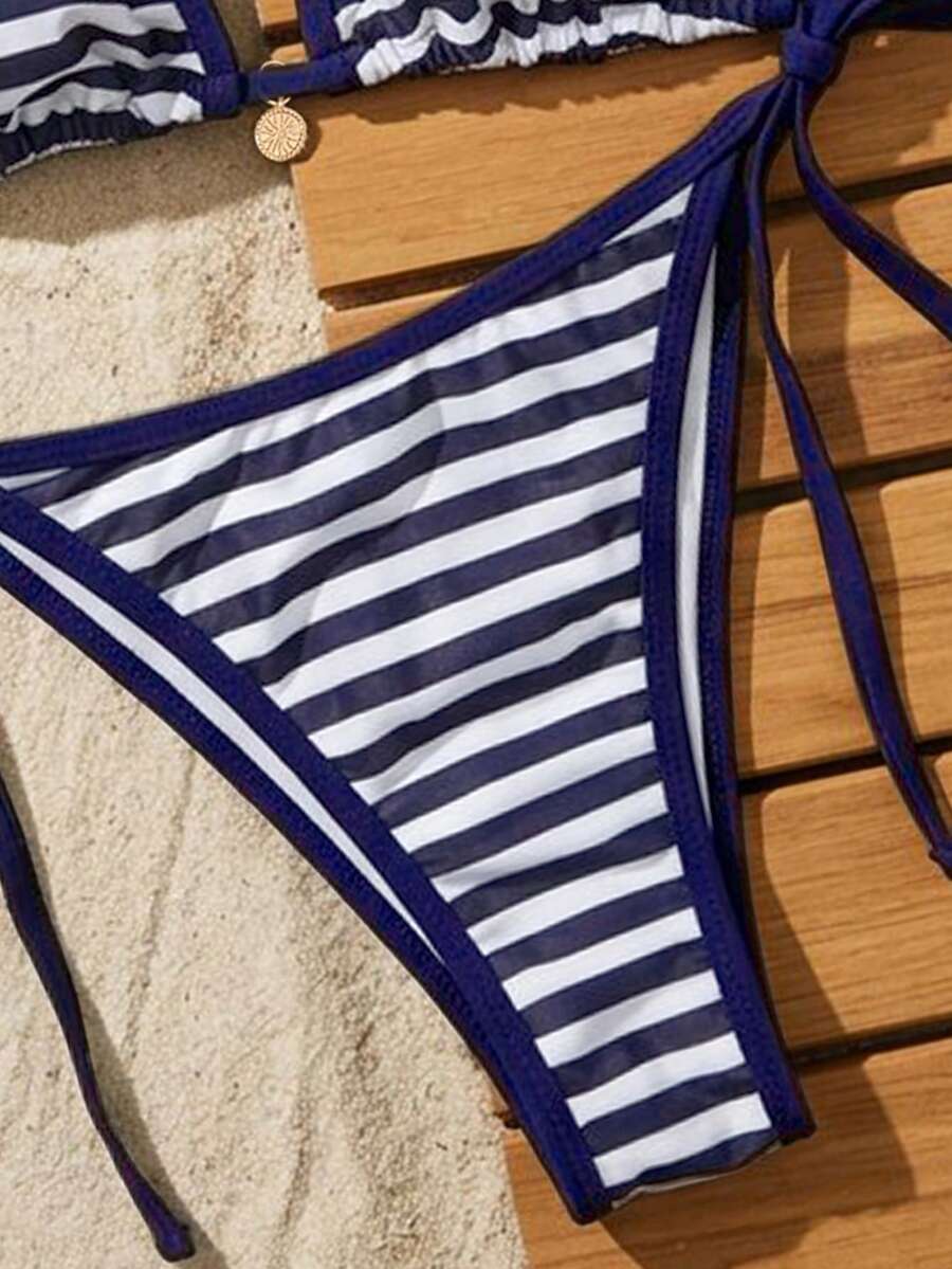 Women's high waist 2-piece triangle bikini set featuring colorblock trim, halter neckline, wireless bra with removable padding, and tie-side bottoms.