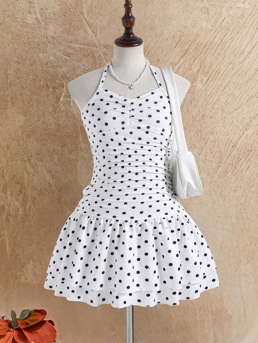 Tween girls apricot sleeveless halter mini dress with textured starfish and shell decor, shirred tiered layer, high waist, and flounce hem.