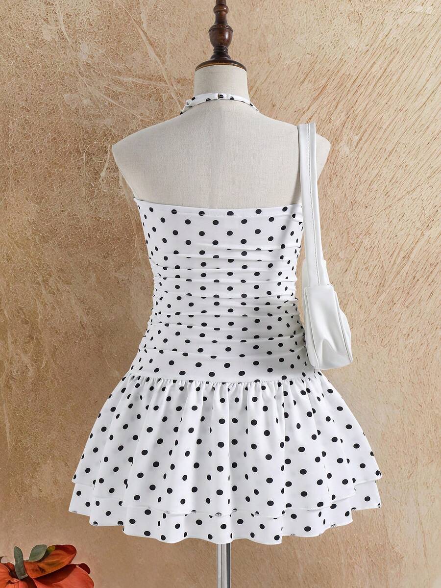 Tween girls apricot sleeveless halter mini dress with textured starfish and shell decor, shirred tiered layer, high waist, and flounce hem.