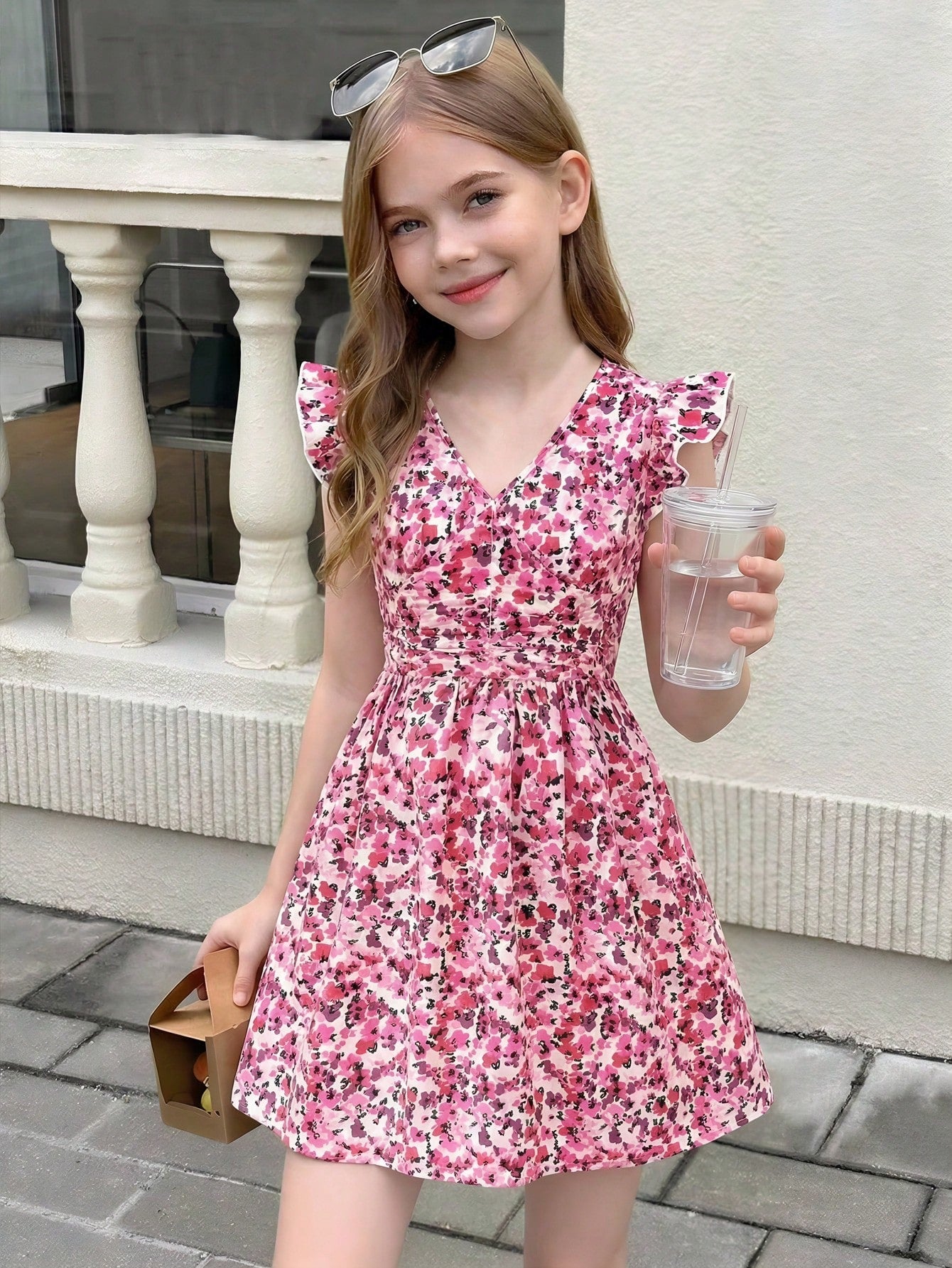 Tween girl wearing a black ditsy floral A-line short dress with V-neckline and flounce short sleeves.