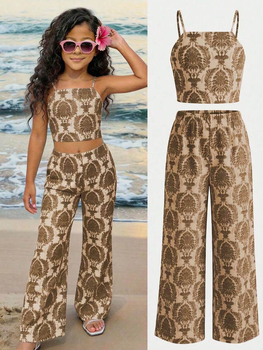 Tween girls casual 2-piece set featuring an apricot woven camisole crop top with back shirring and matching high-waisted loose long pants.