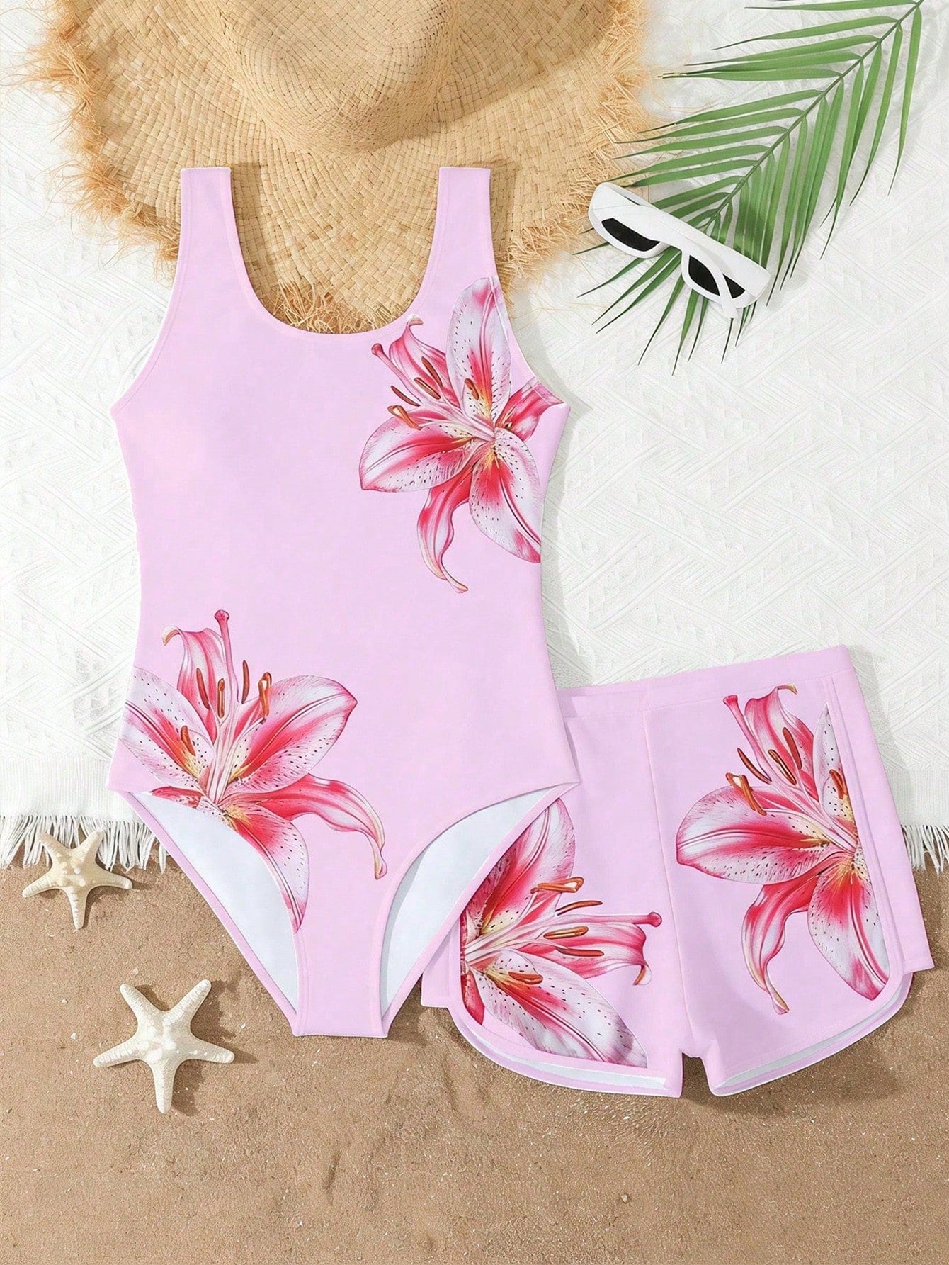 Tween girls 2-piece swimsuit set in black with full floral and plant print, featuring a sleeveless scoop-neck swim top and matching shorts-style bottoms.