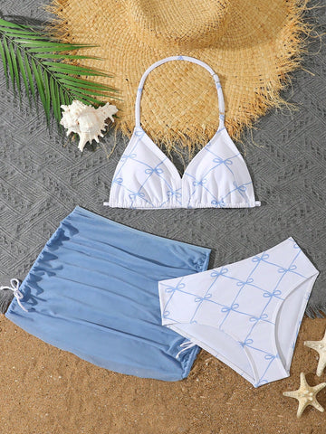 Tween Girls 3-Piece Bikini Set,Brown Polko Dot,Cute,Summer,Beach,Vacation,Holiday,Pink Striped Halter Top,Adjustable Back,Skirt Bottoms,Bathing Suits