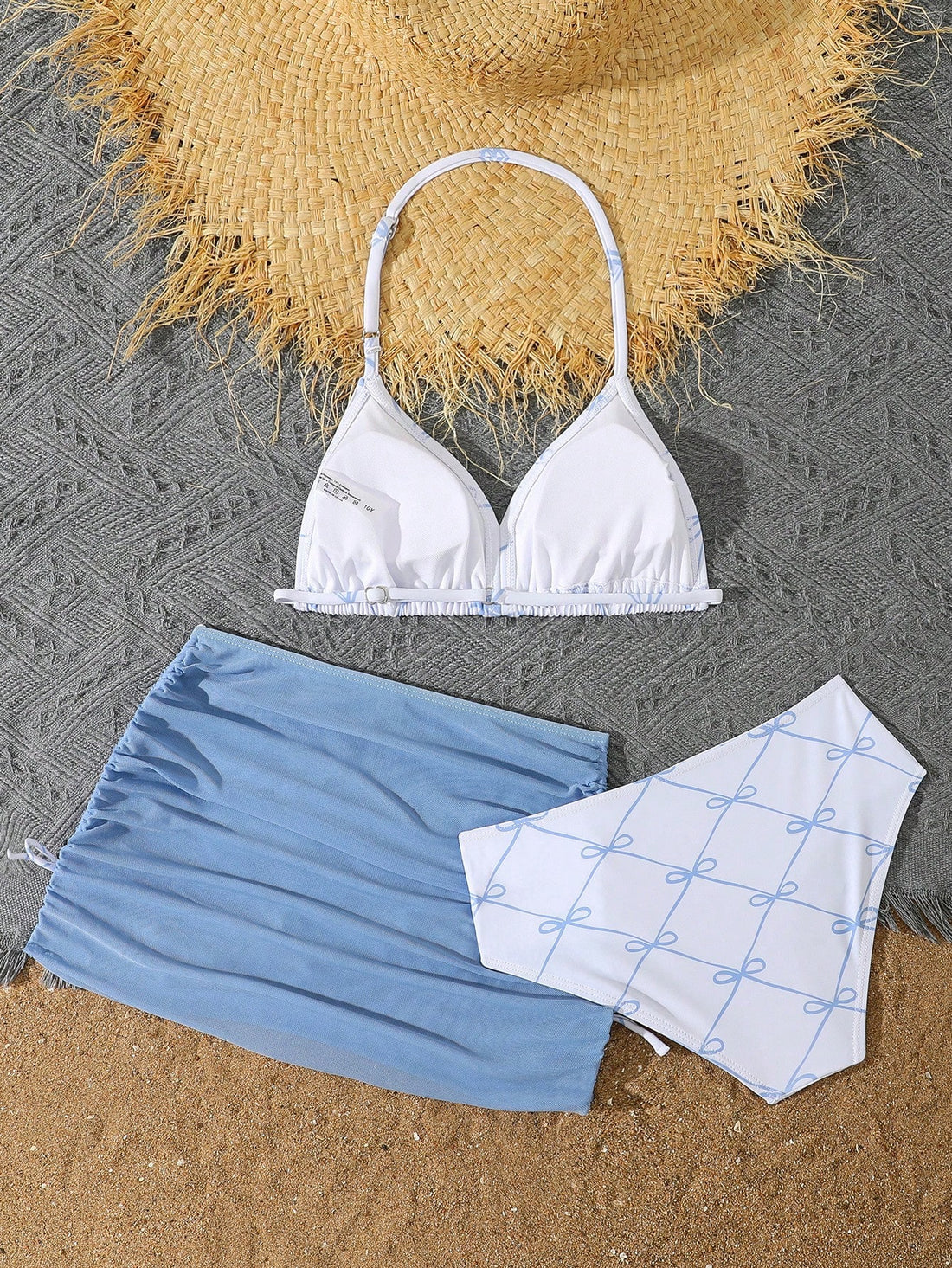 Tween Girls 3-Piece Bikini Set,Brown Polko Dot,Cute,Summer,Beach,Vacation,Holiday,Pink Striped Halter Top,Adjustable Back,Skirt Bottoms,Bathing Suits
