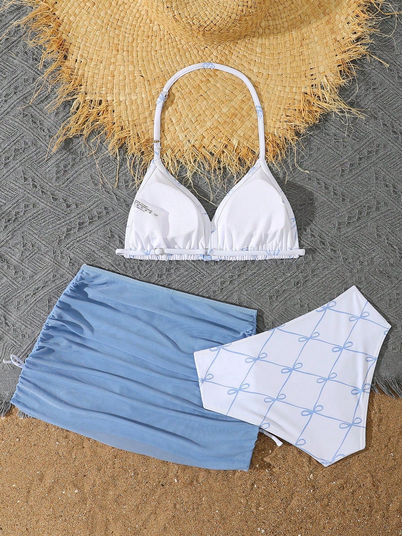 Tween Girls 3-Piece Bikini Set,Brown Polko Dot,Cute,Summer,Beach,Vacation,Holiday,Pink Striped Halter Top,Adjustable Back,Skirt Bottoms,Bathing Suits