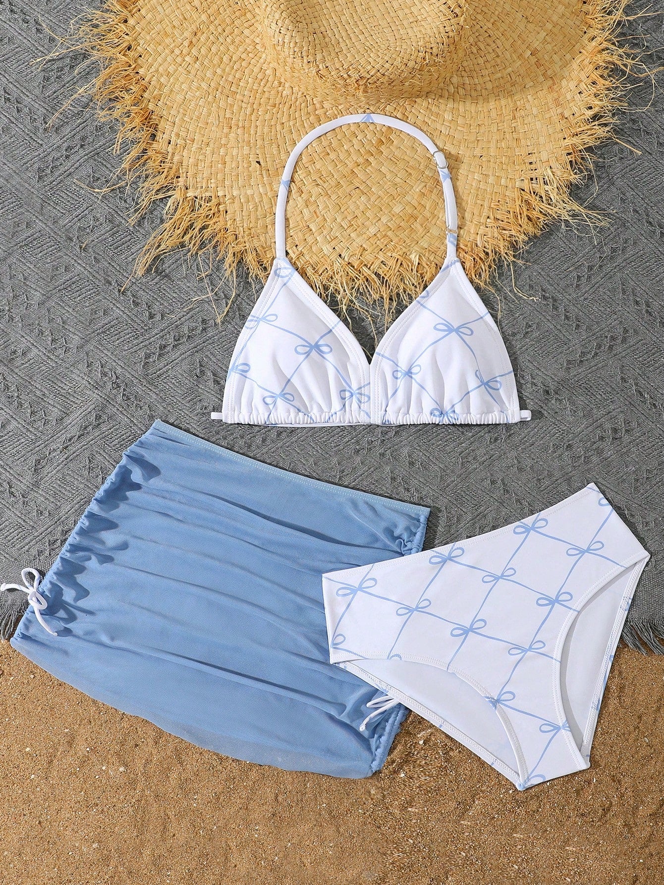 Tween Girls 3-Piece Bikini Set,Brown Polko Dot,Cute,Summer,Beach,Vacation,Holiday,Pink Striped Halter Top,Adjustable Back,Skirt Bottoms,Bathing Suits