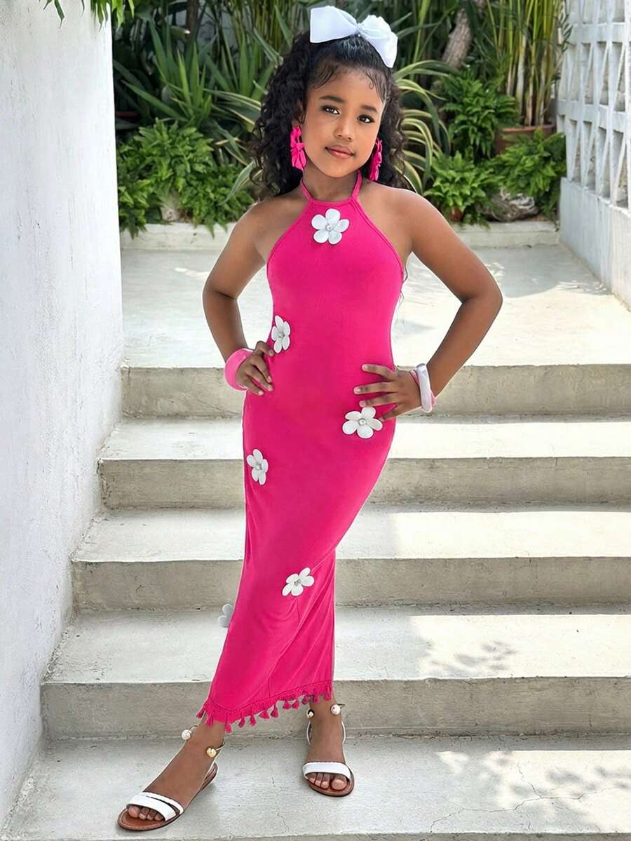 White sleeveless halter maxi dress for tween girls with slim fit, plain textured fabric, natural waist, pencil hem, and side split for summer daily wear and vacation outfits.