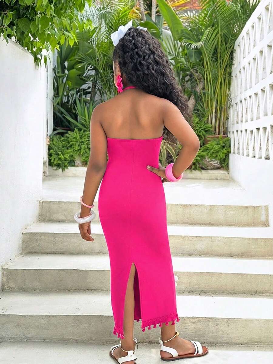 White sleeveless halter maxi dress for tween girls with slim fit, plain textured fabric, natural waist, pencil hem, and side split for summer daily wear and vacation outfits.