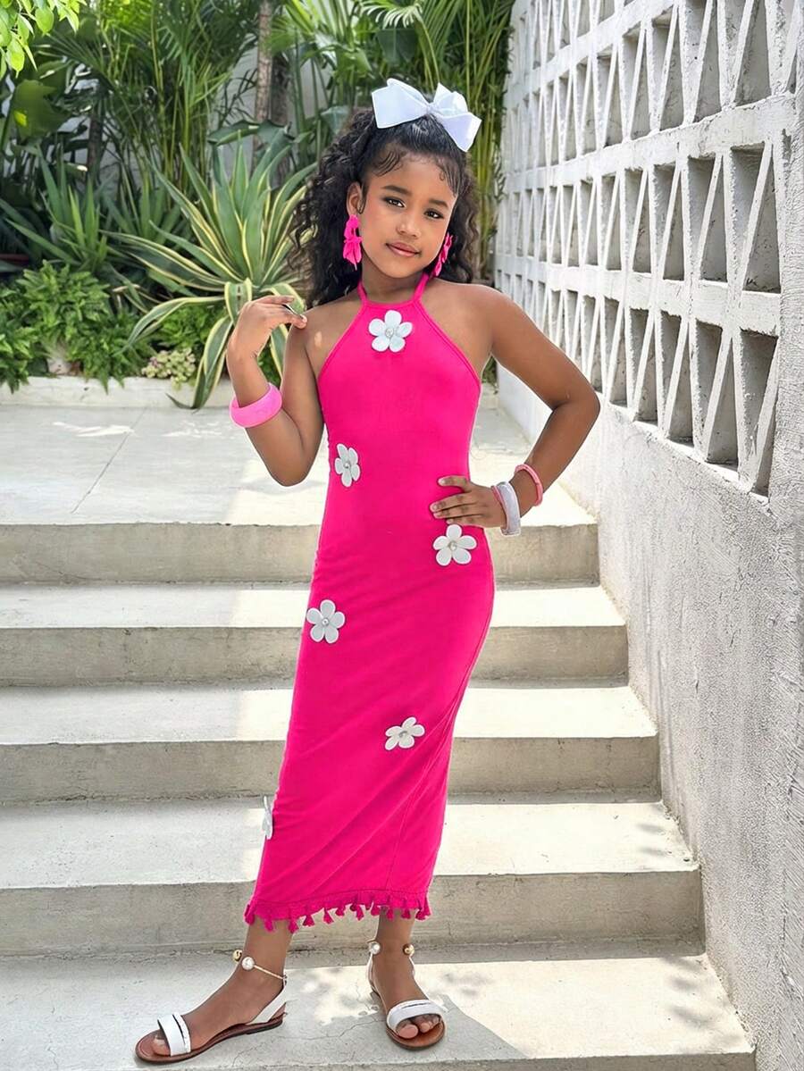 White sleeveless halter maxi dress for tween girls with slim fit, plain textured fabric, natural waist, pencil hem, and side split for summer daily wear and vacation outfits.
