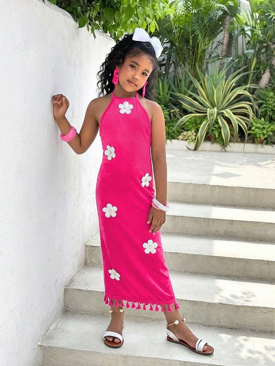 White sleeveless halter maxi dress for tween girls with slim fit, plain textured fabric, natural waist, pencil hem, and side split for summer daily wear and vacation outfits.