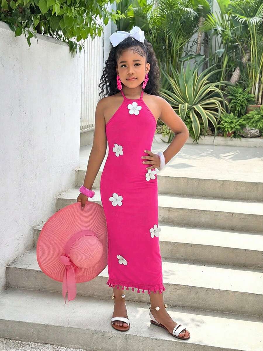 White sleeveless halter maxi dress for tween girls with slim fit, plain textured fabric, natural waist, pencil hem, and side split for summer daily wear and vacation outfits.