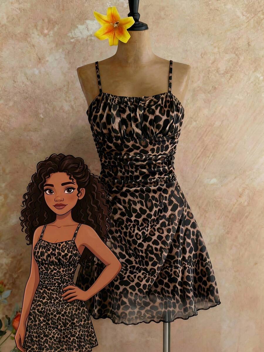 Tween girl yellow mini sundress with large pink floral hibiscus print, spaghetti straps, high waist, flared hem, and sleeveless cami style for summer beach wear