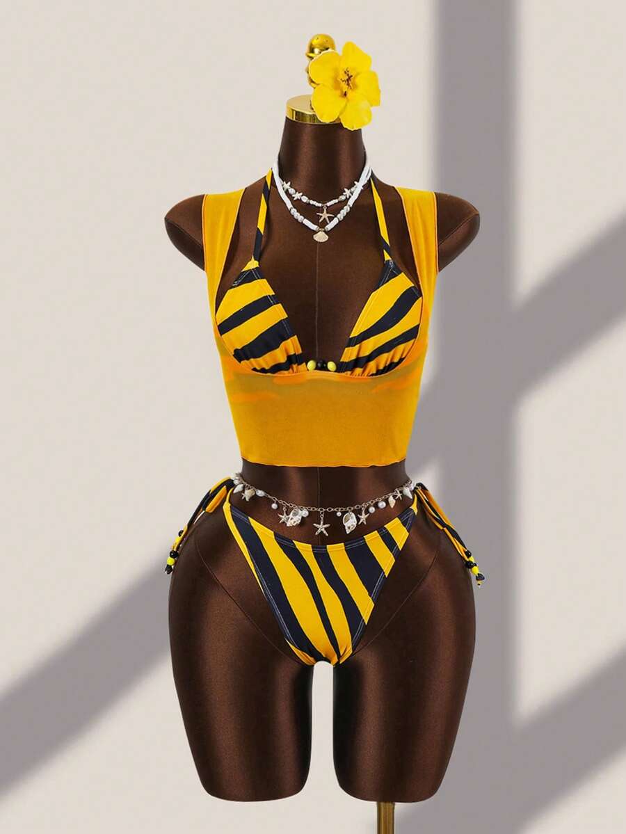 Brown striped 3-piece bikini set for women featuring a halter tie neck, wireless triangle cups with removable padding, cut-out details, and low waist tie side bottoms.