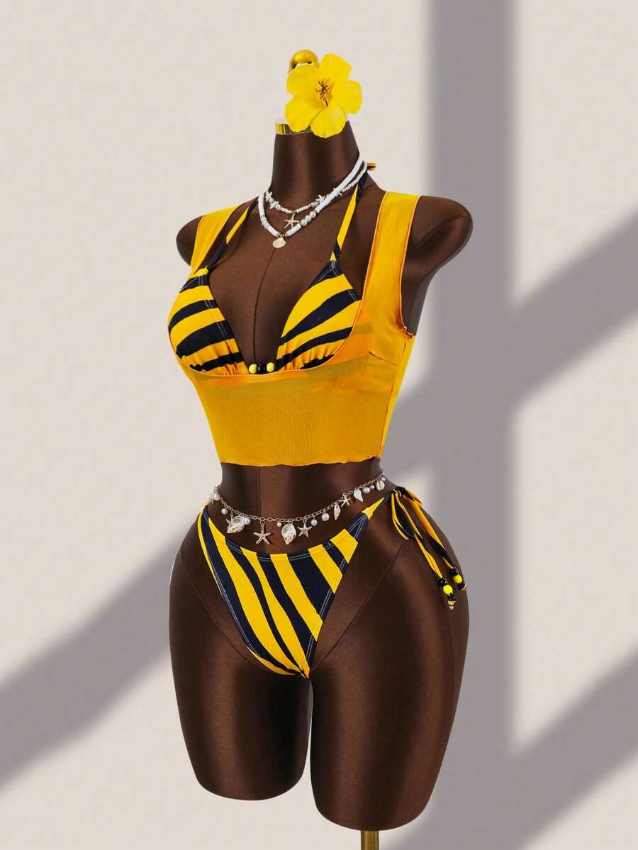 Brown striped 3-piece bikini set for women featuring a halter tie neck, wireless triangle cups with removable padding, cut-out details, and low waist tie side bottoms.