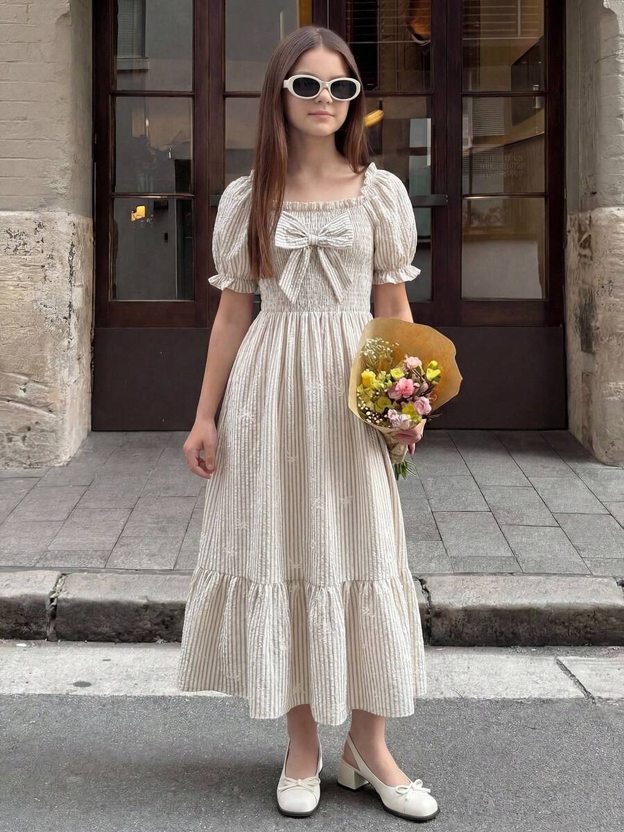 ChillGRL square neck short puff sleeve A-line long dress for teen girls featuring shirred high waist detailing and a flounce hem.