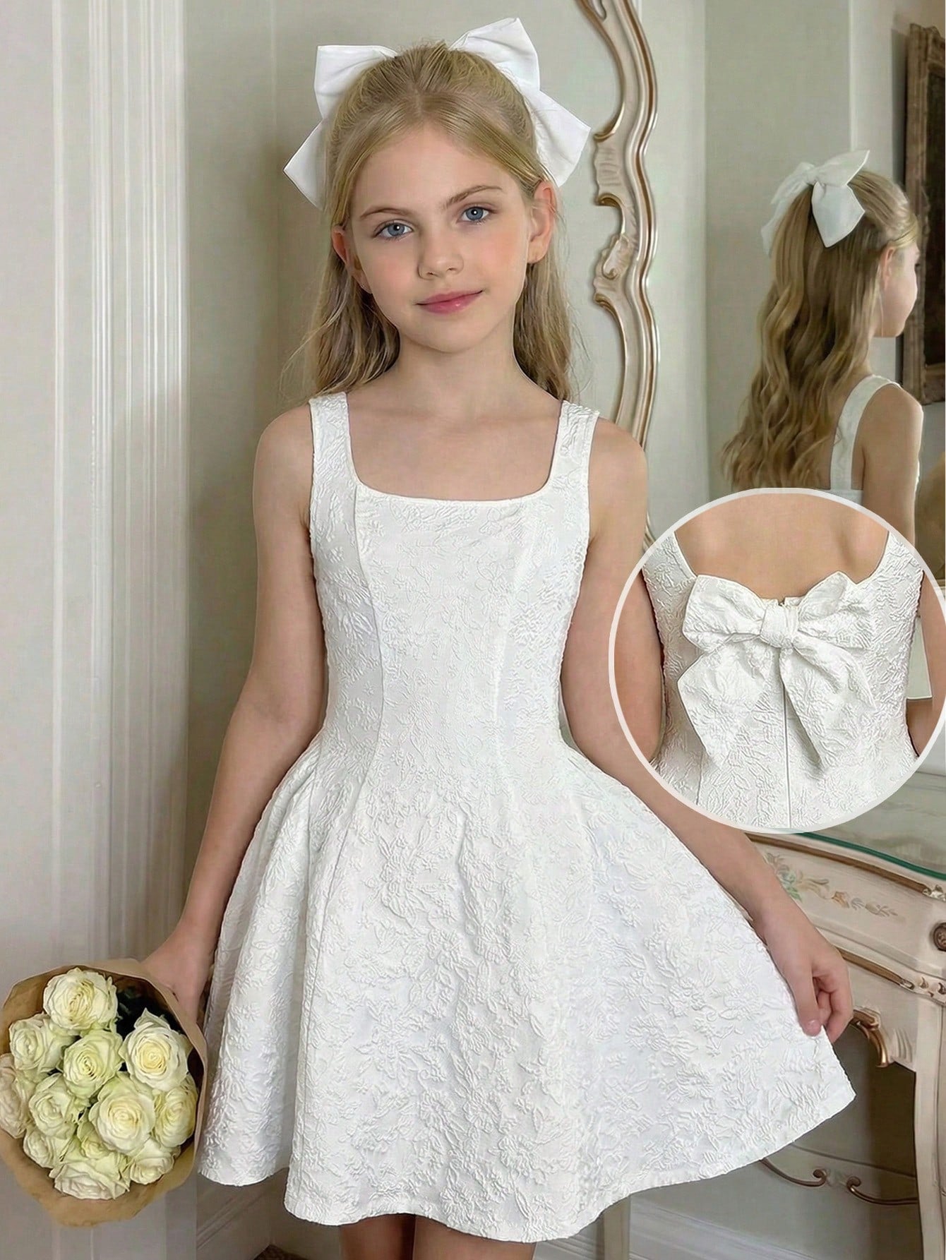 Black and white polka dot cami dress for tween girls featuring a square neckline, high waist, and flared short A-line hem.