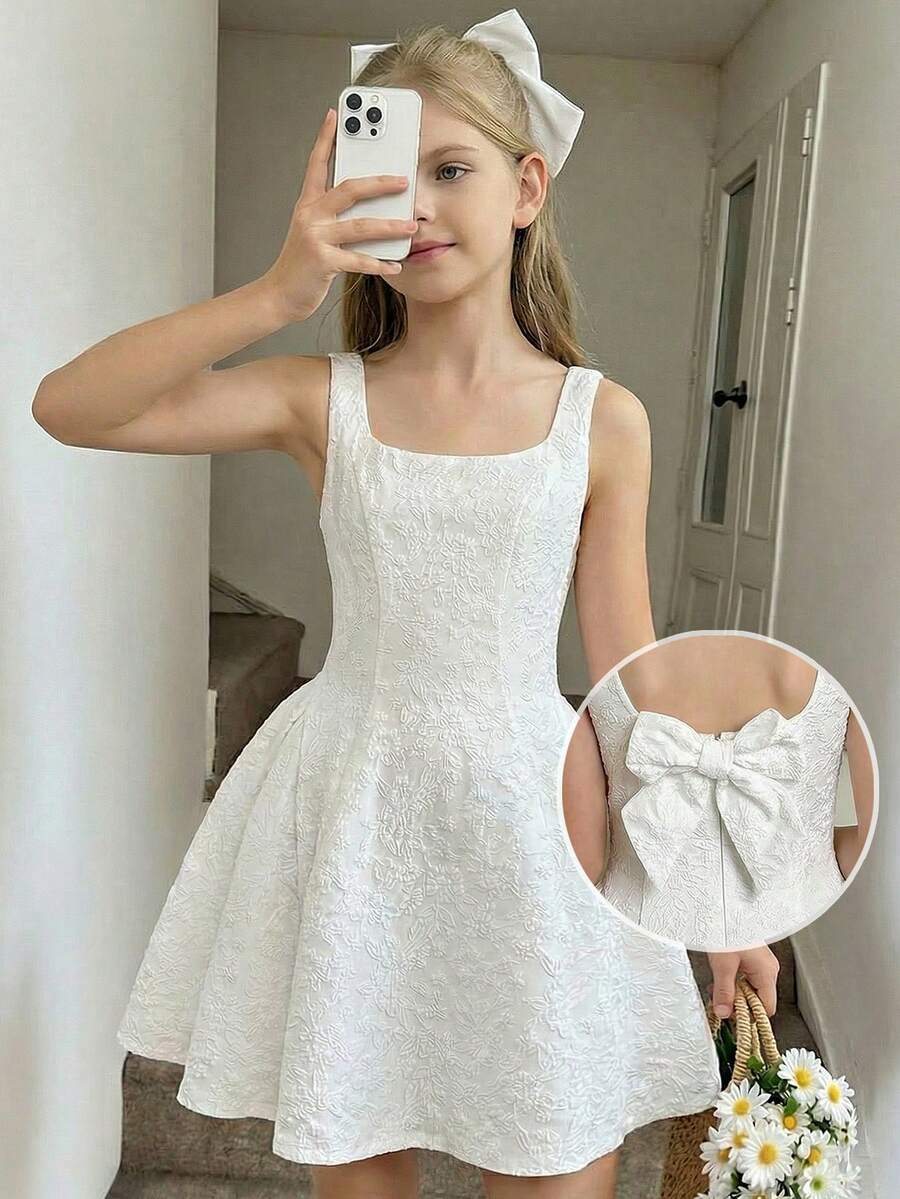 Black and white polka dot cami dress for tween girls featuring a square neckline, high waist, and flared short A-line hem.