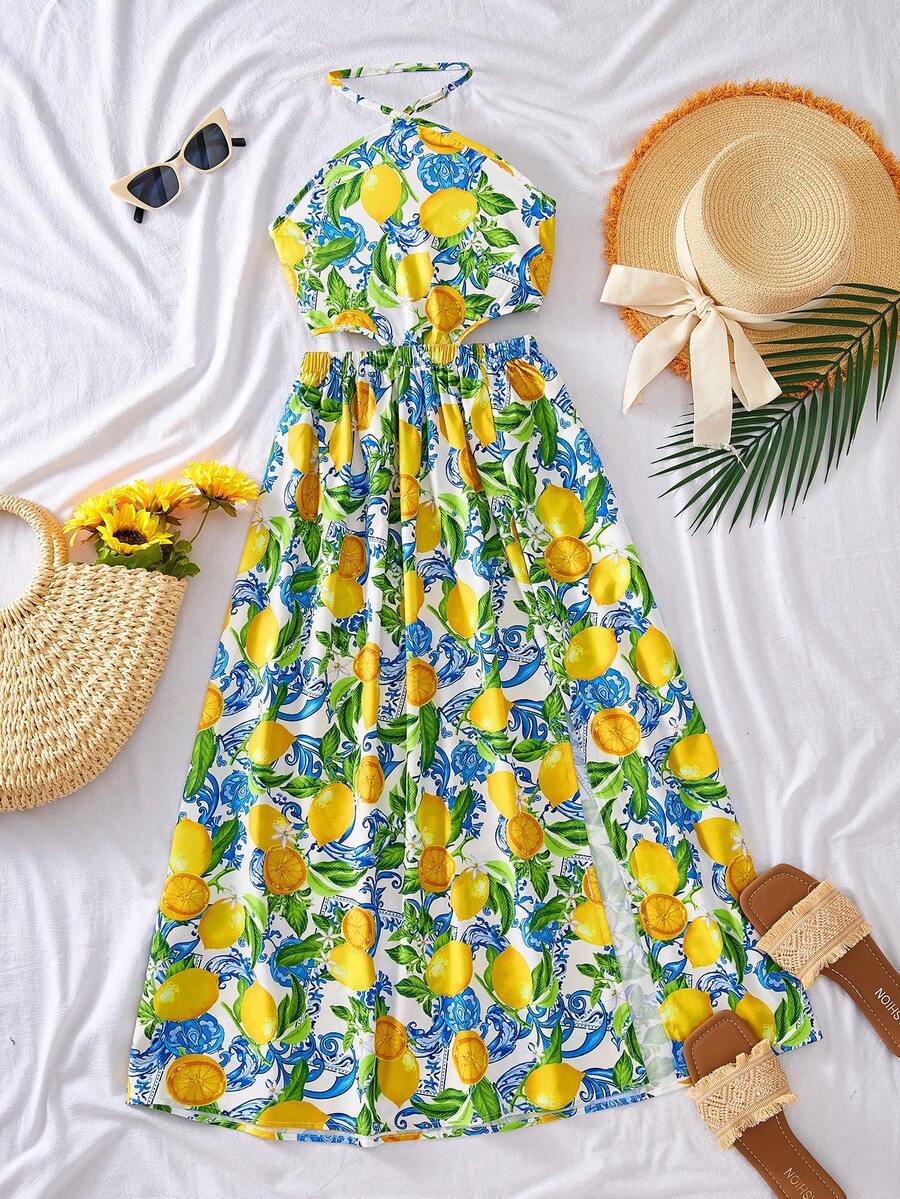 Tween girls floral halter dress with backless sleeveless design, belted high waist, shirred details, appliques, and flared A-line midi silhouette for summer vacation or graduation outfit.
