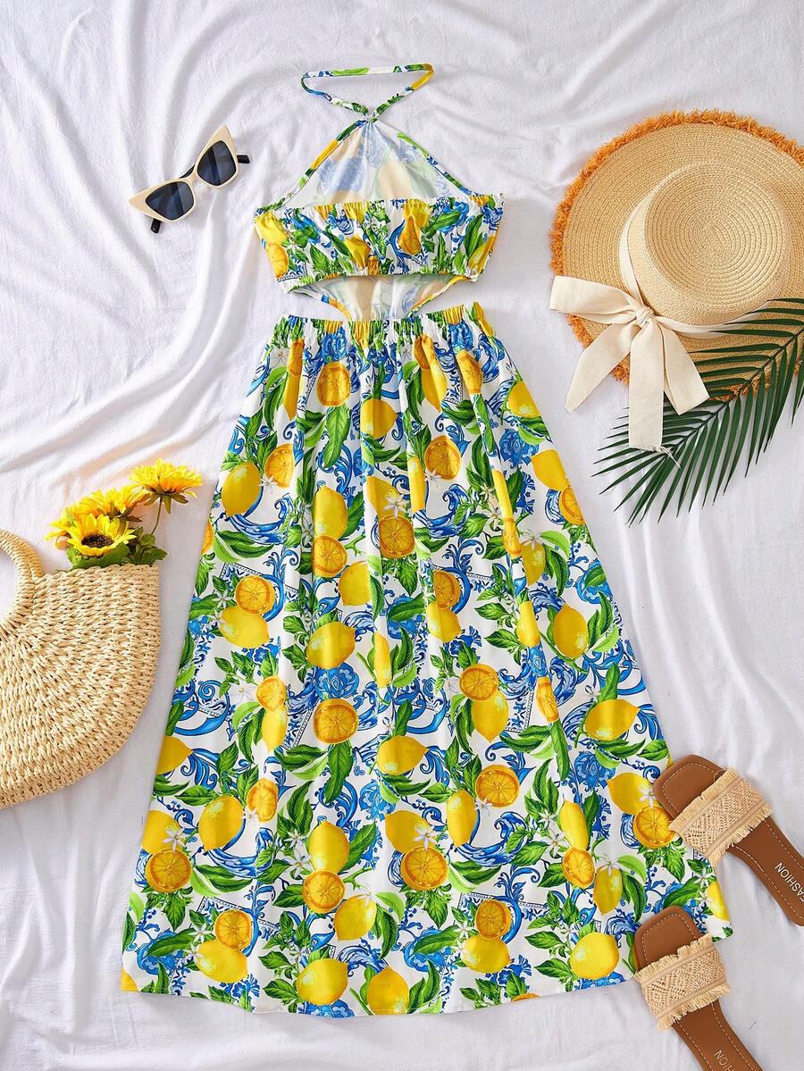 Tween girls floral halter dress with backless sleeveless design, belted high waist, shirred details, appliques, and flared A-line midi silhouette for summer vacation or graduation outfit.