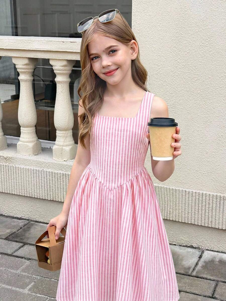 Tween girls pink floral sleeveless A-line midi dress featuring round neck, high waist with belt, contrast lace, and zipper back.