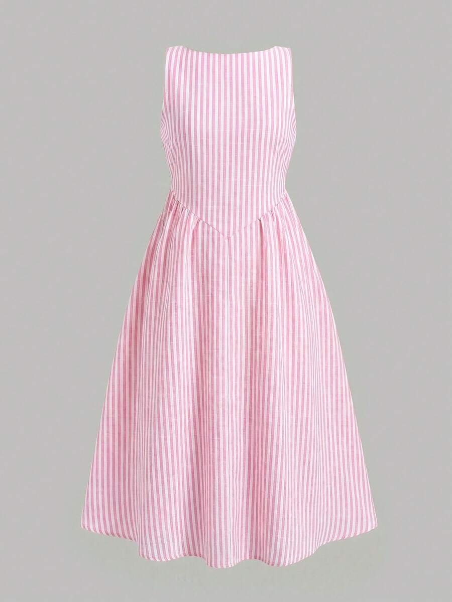 Tween girls pink floral sleeveless A-line midi dress featuring round neck, high waist with belt, contrast lace, and zipper back.