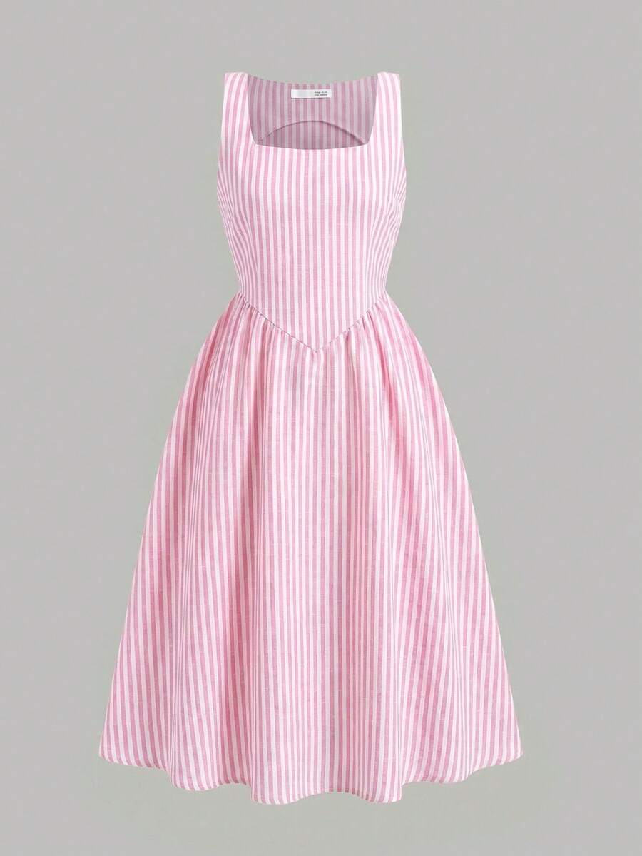 Tween girls pink floral sleeveless A-line midi dress featuring round neck, high waist with belt, contrast lace, and zipper back.