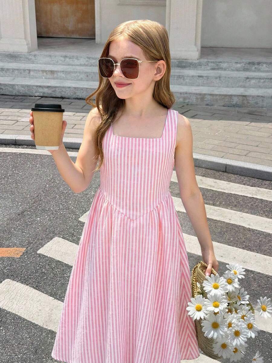 Tween girls pink floral sleeveless A-line midi dress featuring round neck, high waist with belt, contrast lace, and zipper back.
