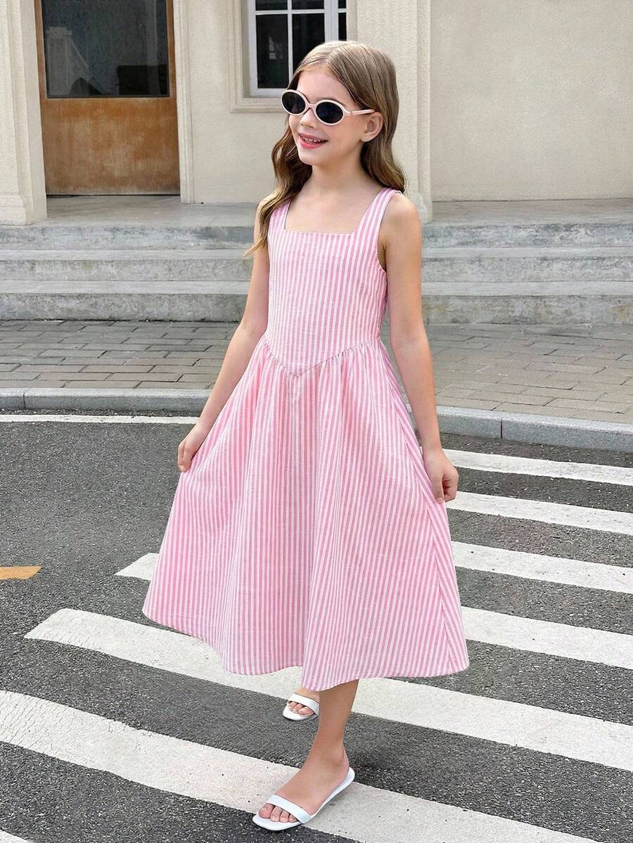 Tween girls pink floral sleeveless A-line midi dress featuring round neck, high waist with belt, contrast lace, and zipper back.