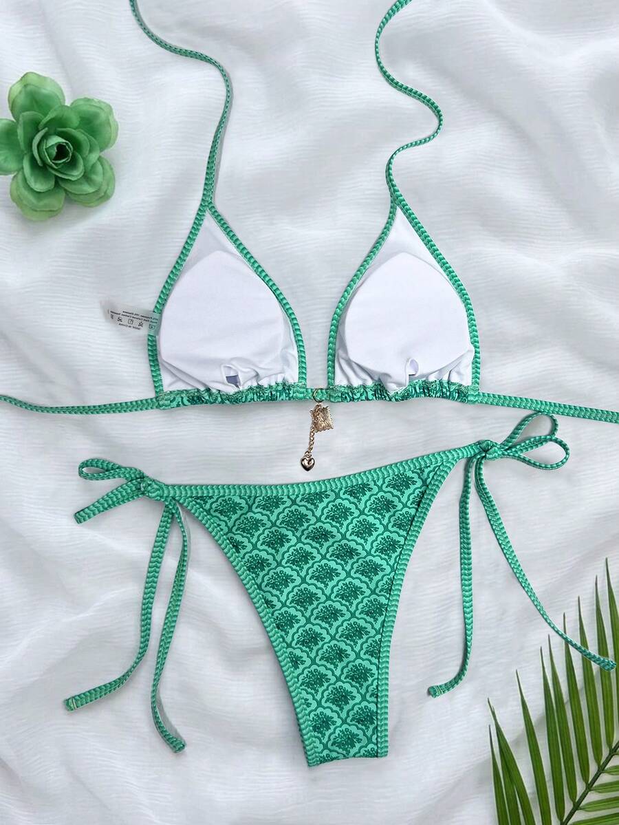 Women's high waist 2-piece triangle bikini set featuring colorblock trim, halter neckline, wireless bra with removable padding, and tie-side bottoms.