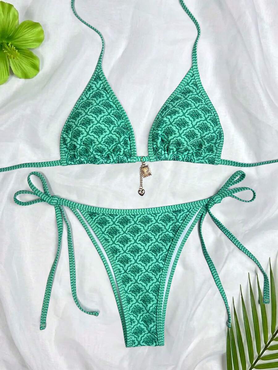 Women's high waist 2-piece triangle bikini set featuring colorblock trim, halter neckline, wireless bra with removable padding, and tie-side bottoms.